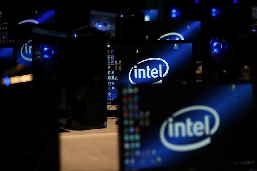 The Intel logo is displayed on computer screens at SIGGRAPH 2017 in California. Reuters Photo