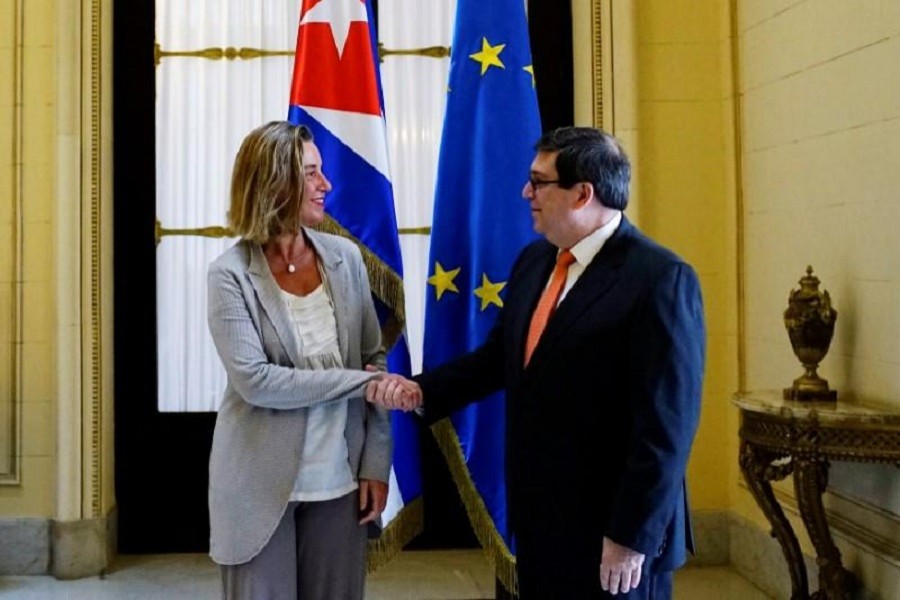 EU foreign policy chief Federica Mogherini shakes hands with Cuba's Foreign Minister Bruno Rodriguez in Havana, Cuba, January 4, 2018. Reuters