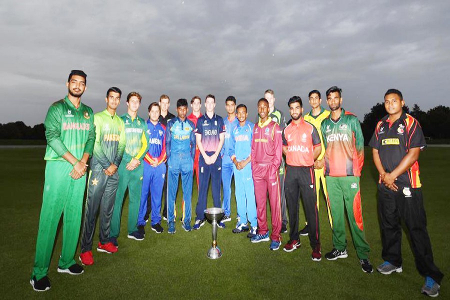 Captains from all 16 participating teams at the ICC U-19 Cricket World Cup pose for a pre-tournament snap.	— ICC