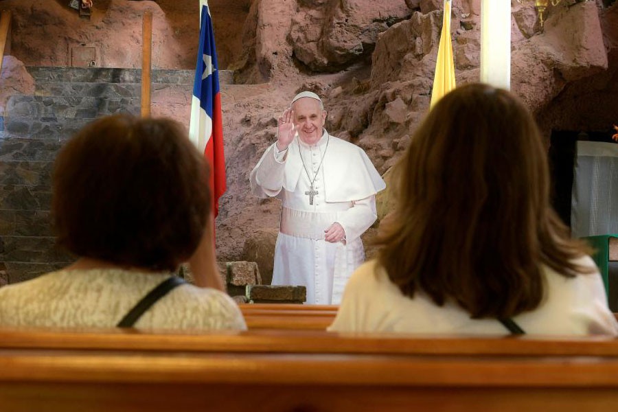 A cut-out of Pope Francis is seen inside a church ahead of the papal visit in Iquique, Chile January 10, 2018. (Reuters)