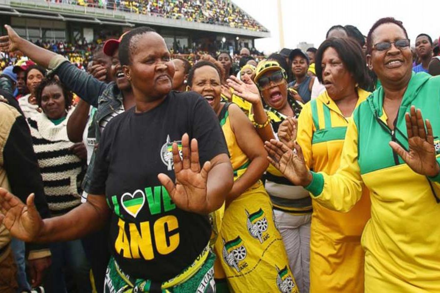 Ruling African National Congress (ANC) party supporters attend the party's 106th birthday celebrations in East London, South Africa, Saturday, Jan. 13, 2018.