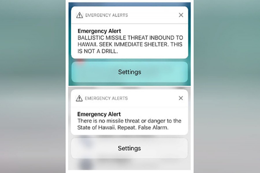 A combination photograph shows screenshots from a cell phone displaying an alert for a ballistic missile launch and the subsequent false alarm message in Hawaii on Saturday. - Reuters photo