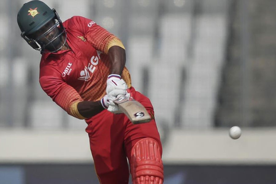 Zimbabwe cricket team's Solomon Mire hits a boundary during the tri-series ODI match against Sri Lanka cricket team in Mirpur, Dhaka, on Wednesday. (AP)