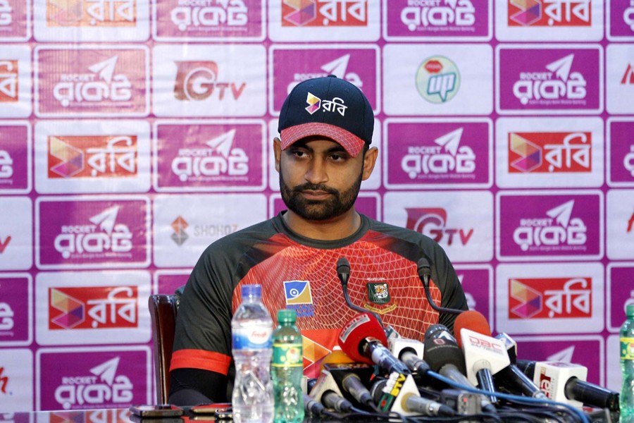 Tamim Iqbal speaking at a press conference at the conference room of Sher-e-Bangla National Cricket Stadium at Mirpur in the city on Monday.	— Focus Bangla