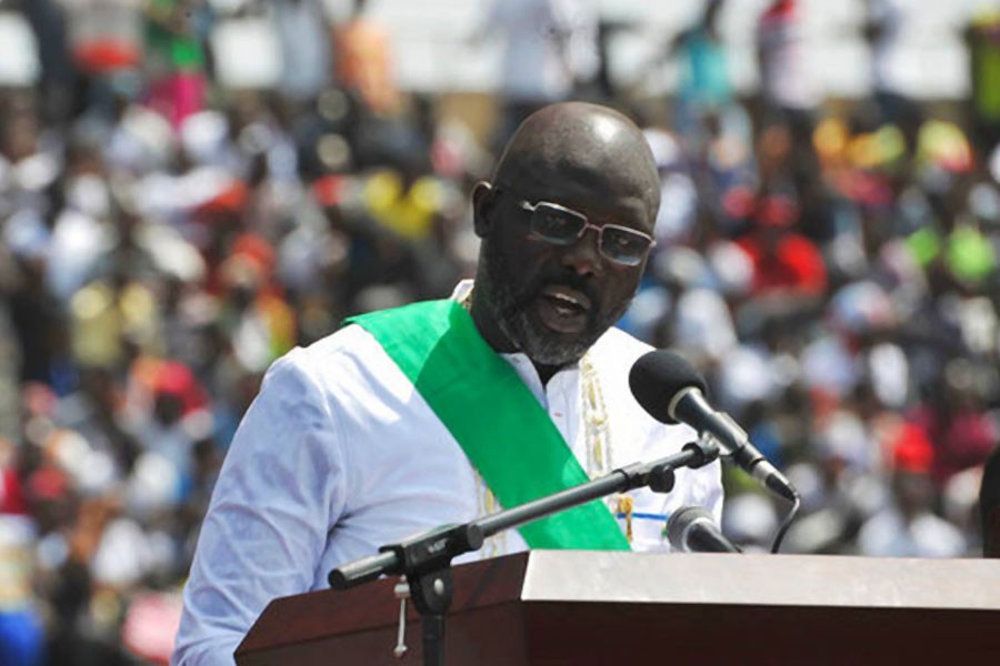 Liberia's New President George Weah speaks, during his Inauguration ceremony in Monrovia, Liberia, Monday. Jan, 22, 2018. (AP photo)
