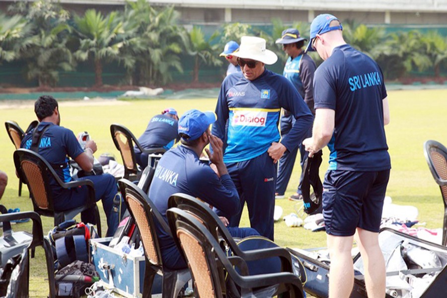 Players of Sri Lanka National Cricket team take part in their practice session at the Sher-e-Bangla National Cricket Stadium at Mirpur in the city on Wednesday ahead of the match against Bangladesh today (Thursday).	— bdnews24.com