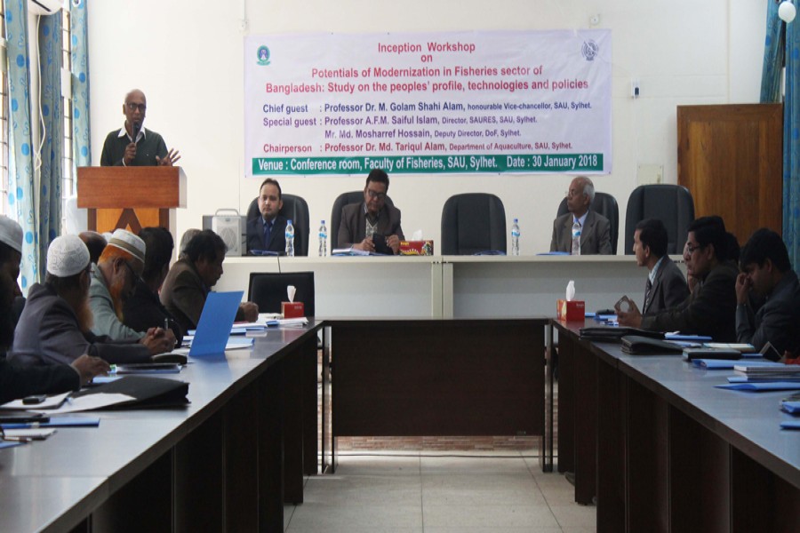 The workshop on 'Potentials of modernisation in fisheries sector of Bangladesh: Study on the people’s profile, technologies and policies' is in progress at the Sylhet Agricultural University on Wednesday. 	— FE Photo