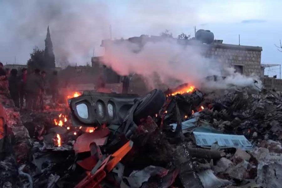 The scene shows, what according to Syrian rebels were fires caused by Russian military plane shot down by rebel forces near Idlib, Syria, reportedly on February 3, 2018 in this still image obtained from social media via Reuters