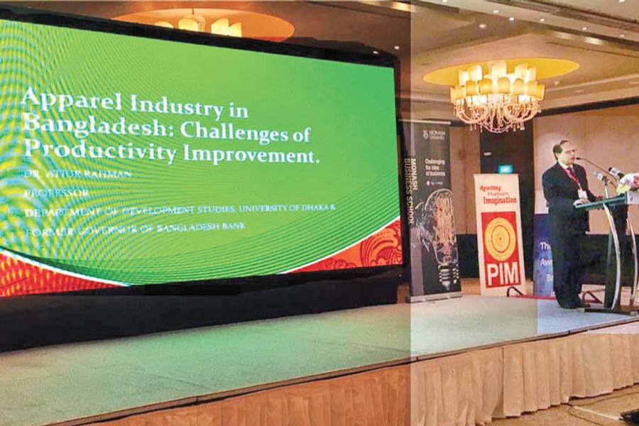 Former Bangladesh Bank governor Atiur Rahman speaking at an international conference on the apparel industry at a hotel in Colombo, Sri Lanka