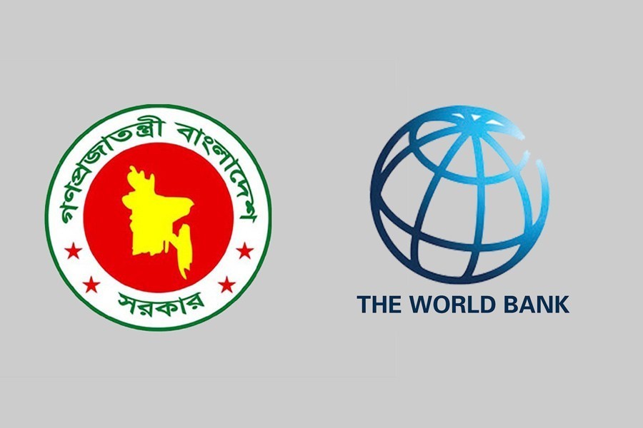 The logos of Bangladesh Government (L) and World Bank seen in this photo.