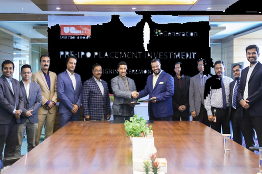 Moinuddin Hasan Rashid, Managing Director of United Group, and Shameem Ahsan, Chairman of eGeneration Group, exchanging documents after signing an agreement at United Group head office in the city recently.