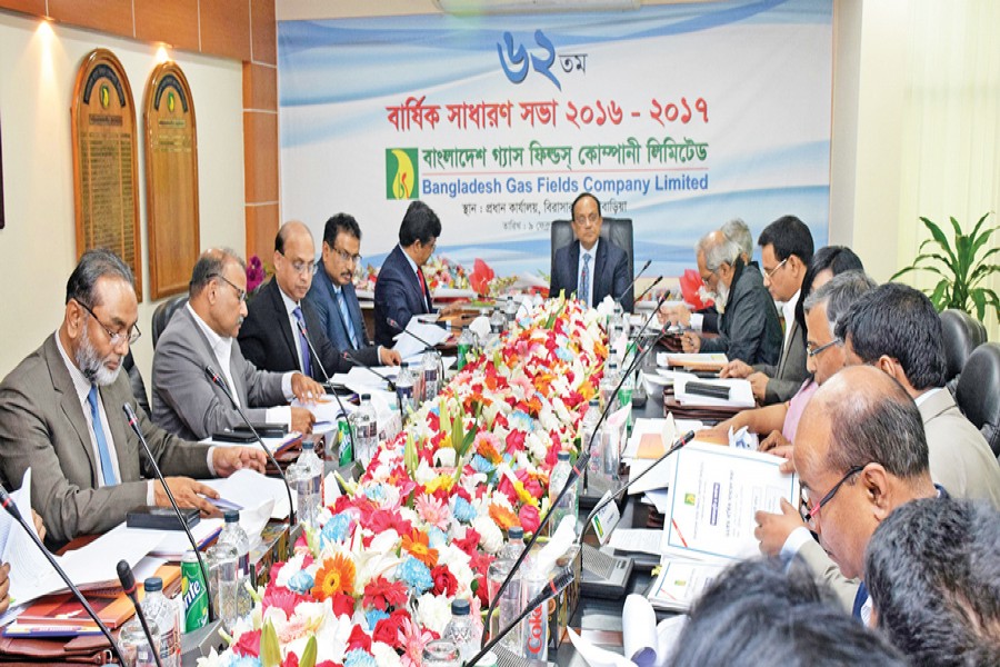 Nazimuddin Chowdhury, Chairman of Bangladesh Gas Fields Company Ltd (BGFCL) and Secretary of Energy and Mineral Resources Division, presides over the 62nd Annual General Meeting (AGM) of the company at its Head Office at Birashar in Brahmanbaria recently.