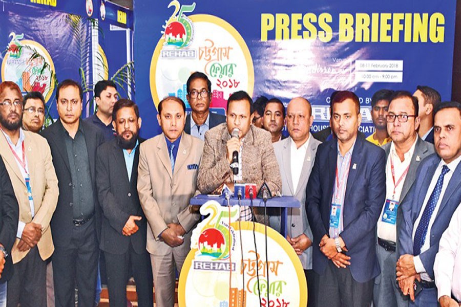 Chairman of the REHAB Chittagong region Abdul Kauiam Chowdhury speaks at the closing ceremony of a four-day housing fair in the port city on Sunday.