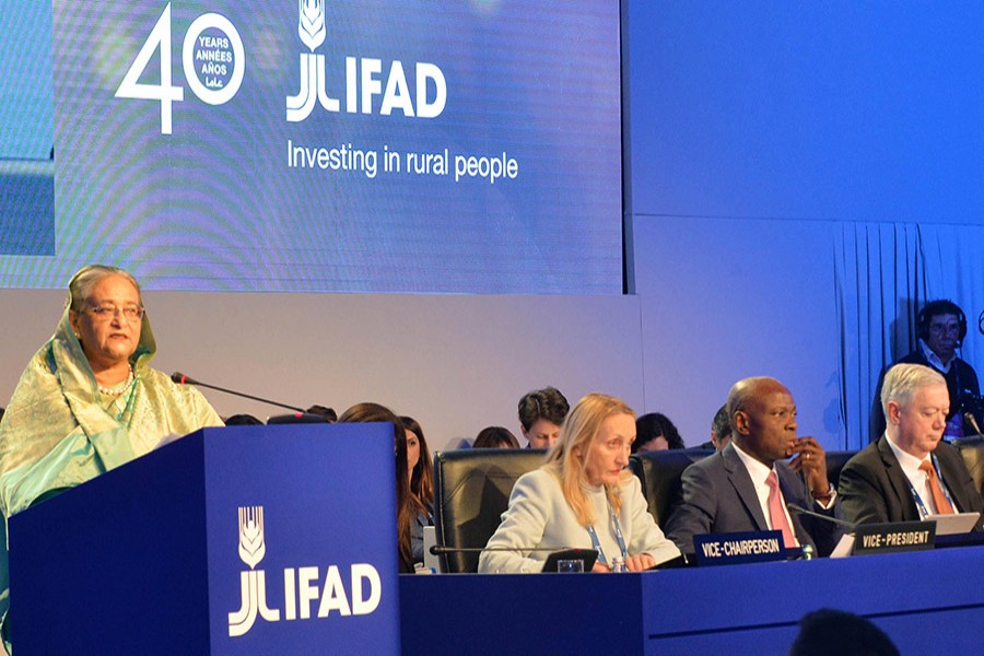 PM Sheikh Hasina speaks at the 41st session of the Governing Council of the International Fund for Agricultural Development (IFAD) in Rome on Tuesday. PID Photo