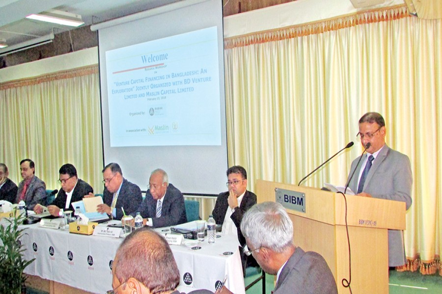Abu Hena Mohd. Razee Hassan, chairman of the Executive Committee of BIBM and Deputy Governor of Bangladesh Bank, speaks at a research workshop on venture financing in Bangladesh organised by BIBM in Dhaka on Thursday.