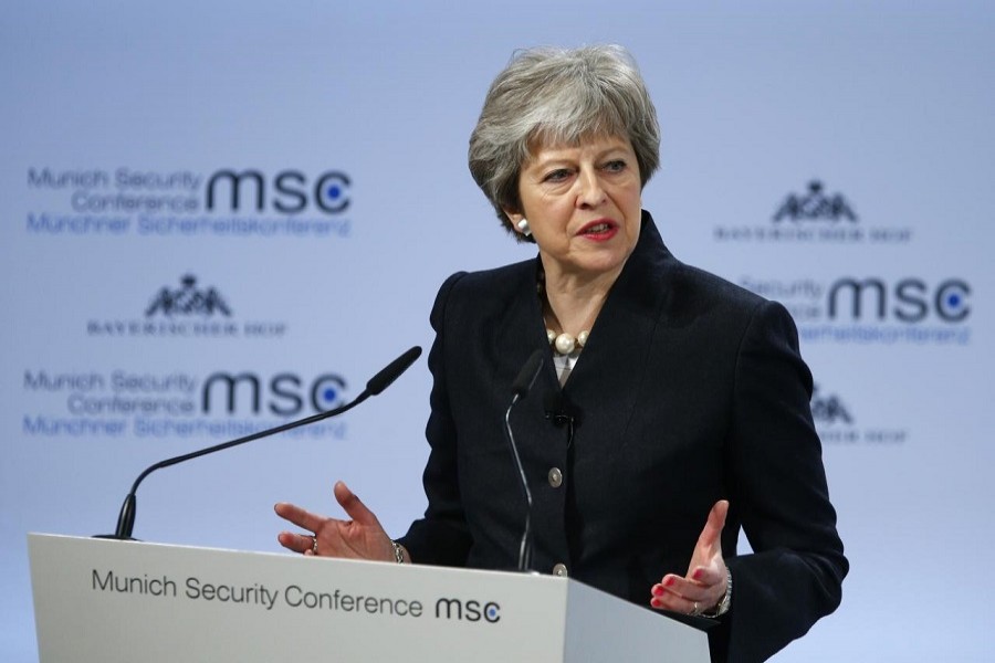 Britain's Prime Minister Theresa May talks at the Munich Security Conference in Munich, Germany, February 17, 2018. Reuters