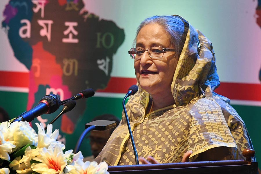 Prime Minister Sheikh Hasina addresses a function marking the distribution of Ekushey Padak-2018 on Tuesday. -Focus Bangla Photo