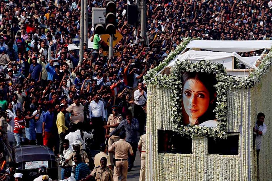 The body of Bollywood actress Sridevi is carried in a truck during her funeral procession in Mumbai of India on Wednesday. -Reuters Photo