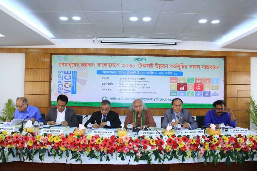 President of PKSF Dr Qazi Kholiquzzaman addressing a seminar titled 'People’s Voice: Strengthening SDGs Implementation in Bangladesh' in the city on Wednesday.