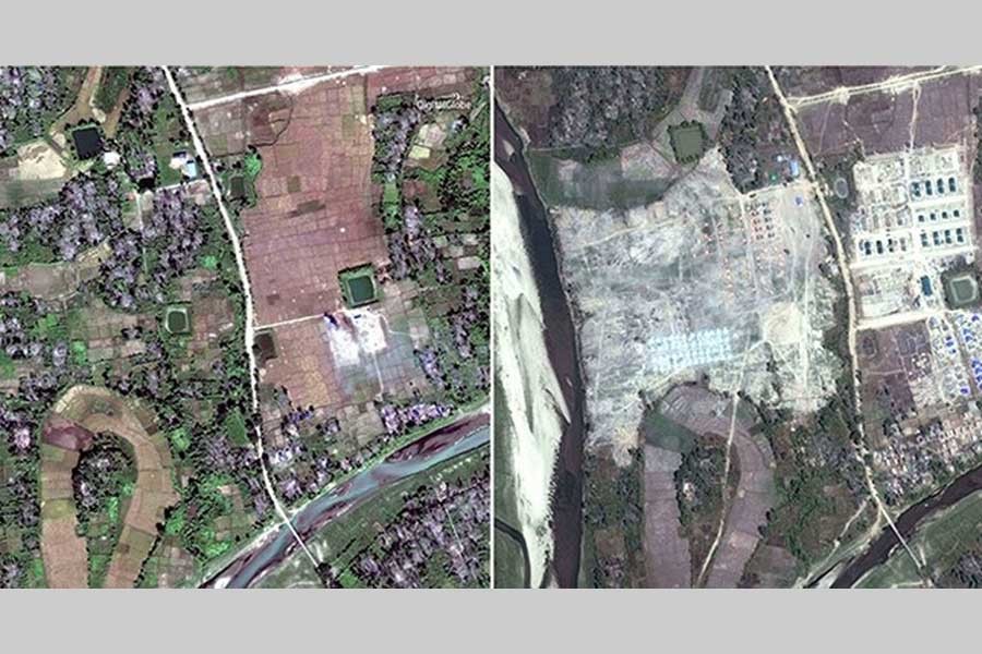 This combination of two satellite images provided by DigitalGlobe, Dec. 2, 2017, left; and Feb. 19, 2018, right; displaying the village of Thit Tone Nar Gwa Son, about 50 kilometers (30 miles) north of Maungdaw, Rakhine state, Myanmar.  - AP Photo