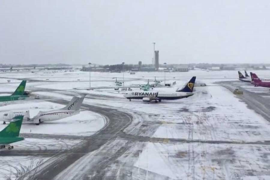 The Dublin Airport is seen covered with snow, in Dublin, Ireland, March 1, 2018 in this picture obtained from social media. Reuters