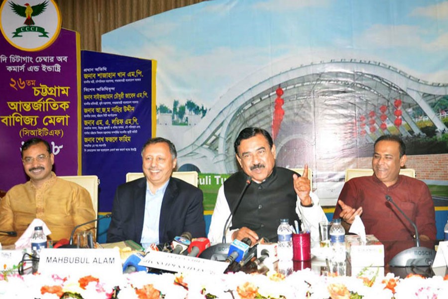Shipping Minister M Shajahan Khan (2nd right) speaks as the chief guest at the inaugural ceremony of the month-long Chittagong International Trade Fair (CITF 2018) on Saturday. - Focus Bangla photo