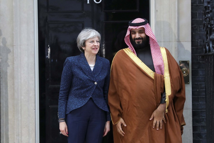 Britain's PM Theresa May greets Saudi Crown Prince Mohammed bin Salman outside 10 Downing Street in London, on March 7. Reuters/File Photo