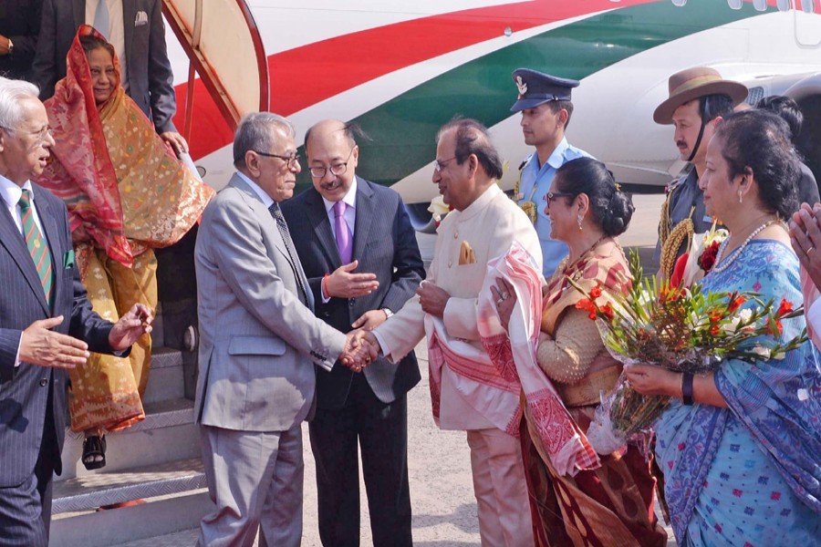 Prof Jagdish Mukhi, governor of the Indian state of Assam, receives President Abdul Hamid on his arrival at Guwahati International Airport on Thursday. Focus Bangla Photo