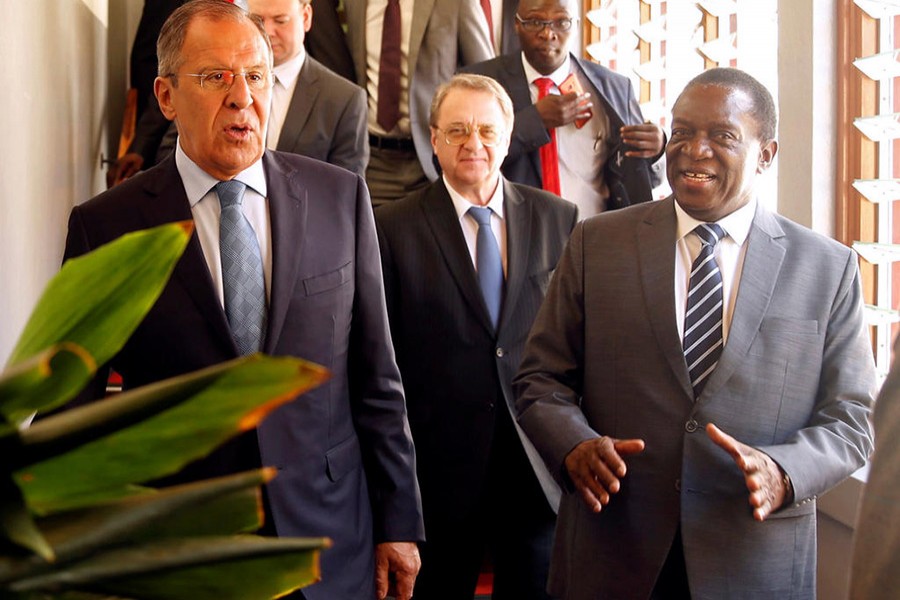 Zimbabwean President Emmerson Mnangagwa walks with Russian Foreign Minister Sergey Lavrov before their meeting in Harare, Zimbabwe on Thursday. - Reuters photo