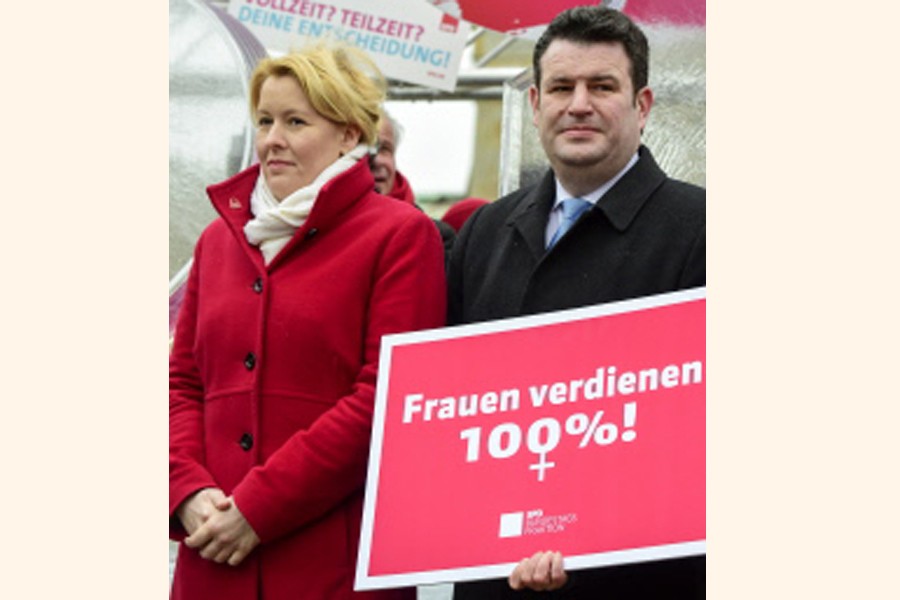 BERLIN: German Labour Minister Hubertus Heil and Family Minister Franziska Giffey attending a demonstration for the so-called Equal Pay Day in front of Berlin's Brandenburg gate on Friday	— AFP