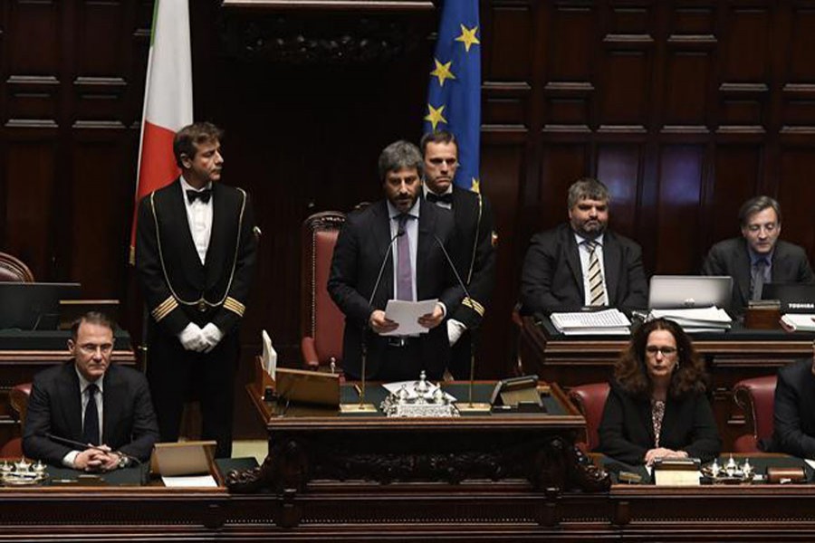 Newly elected lower house speaker Roberto Fico (C) speaks at the lower house of parliament in Rome, Italy, on March 24. Xinhua/File