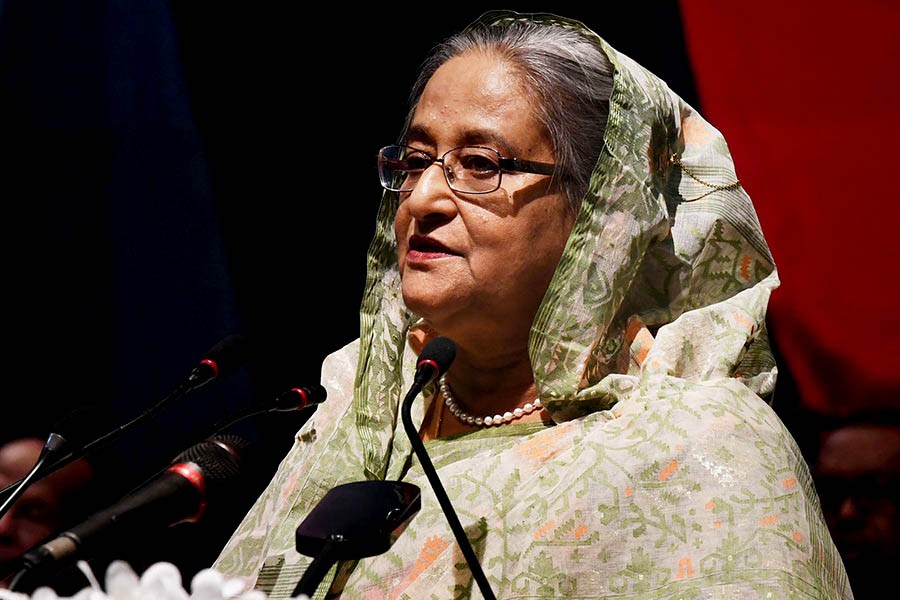 Prime Minister Sheikh Hasina is speaking at the distribution ceremony of the Independence Award- 2018 on Sunday. -Focus Bangla Photo