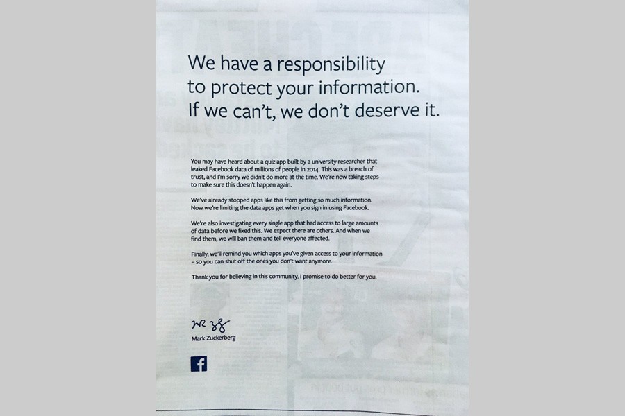 Zuckerburg apologises to Britons via full-page newspaper ads