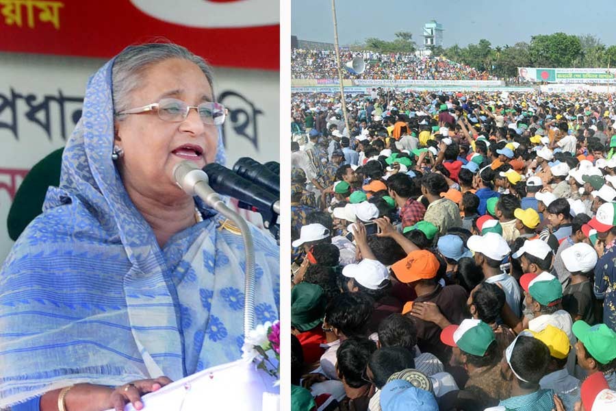 Prime Minister Sheikh Hasina speaking at a public rally at Chandpur Stadium organised by local Awami League on Sunday. -Focus Bangla Photo