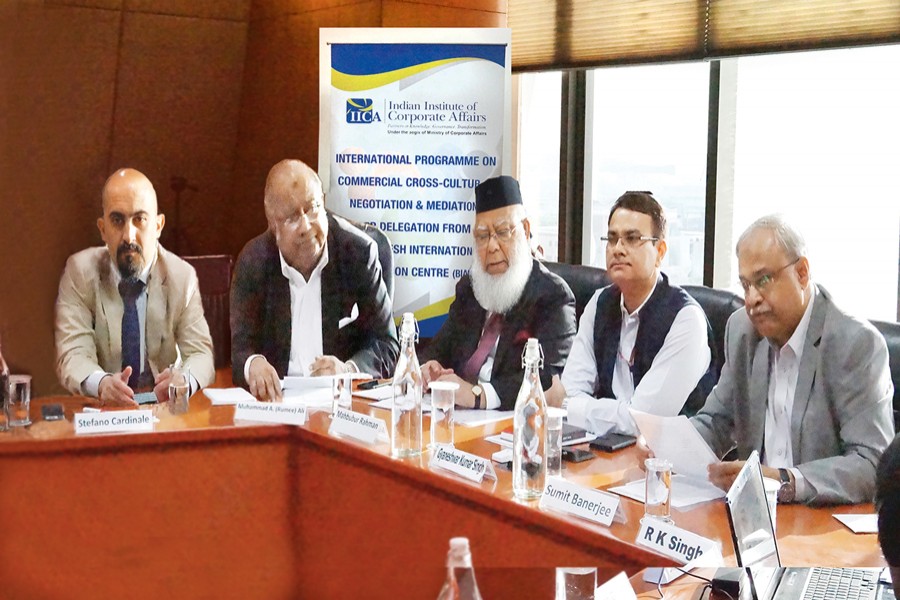 Mahbubur Rahman, Chairman of BIAC (3rd from left), seen with Gyaneshwar Kumar Singh, Director General and Chief Executive Officer (DG & CEO) of Indian Institute of Corporate Affairs (IICA) (2nd from right),  Muhammad A. (Rumee) Ali, Chief Executive Officer of BIAC (2nd from left), Sumit Banerjee, Head of Centre for Mediation and Conciliation of the Bombay Chamber of Commerce & Industry (BCCI) (extreme right) and Stefano Cardinale, Mediator & Trainer (European Union) (extreme left)