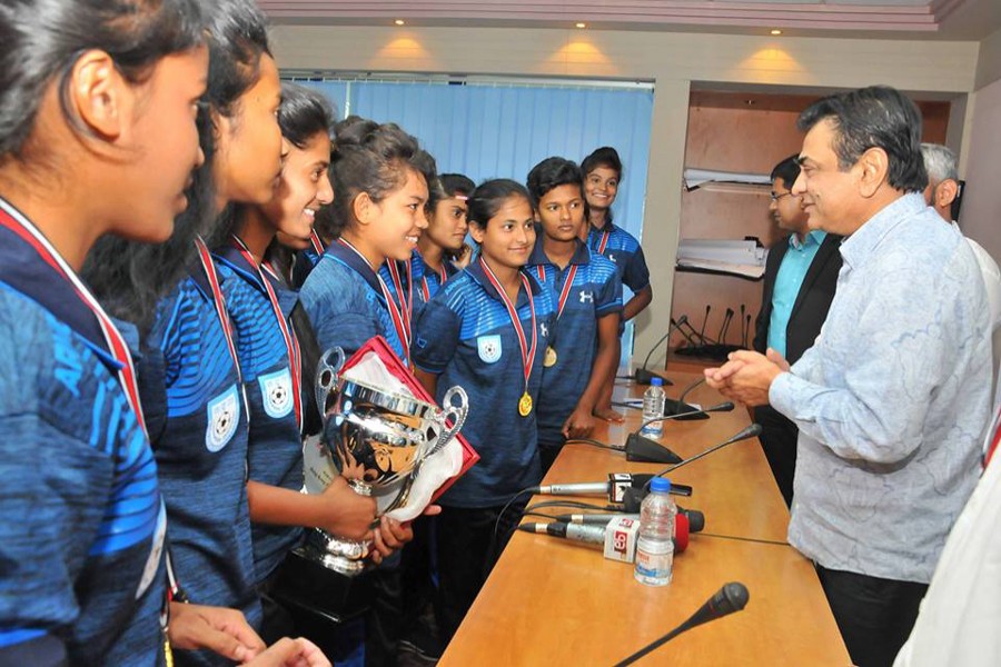 BFF President Kazi Salahuddin met with all the players of the Bangladesh national U15 women's team and congratulated them on their latest triumph in the four-nation Jockey CGI Youth Football Tournament 2018 played in Hong Kong