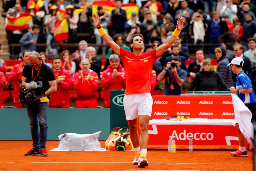 Spain's Rafael Nadal celebrating winning his quarterfinal match against Germany's Philipp Kohlschreiber at Valencia in Spain on Friday	— Reuters