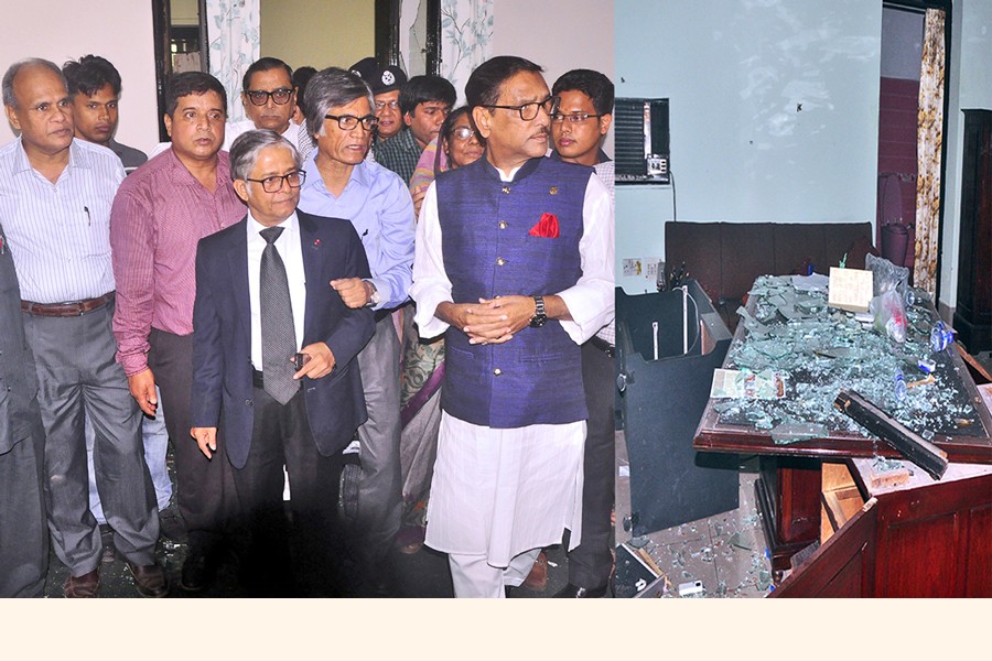 Awami League general secretary Obaidul Quader visiting the official residence of Dhaka University vice chancellor Prof Md Akhtaruzzaman after it was vandalised by some miscreants during the demonstration for reform in job quota system on Tuesday