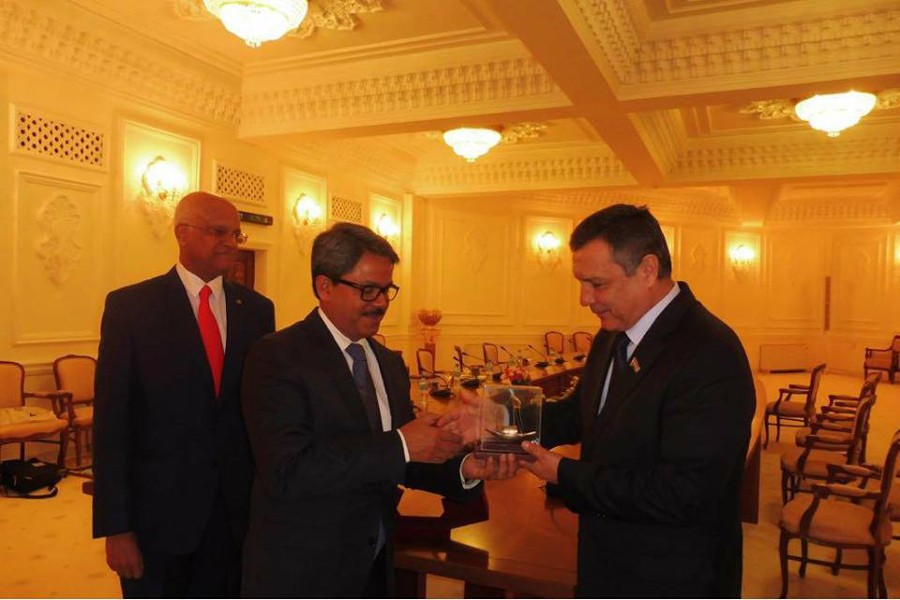 State Minister for Foreign Affairs M Shahriar is seen with Speaker of Uzbekistan Parliament Nurdinjon Ismailov. Photo: UNB
