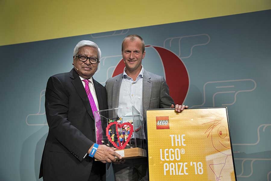 Chairperson of BRAC Sir Fazle Hasan Abed receiving the ‘LEGO Prize 2018’ in recognition of his extraordinary contribution towards improving children's lives at a programme in Denmark on Tuesday