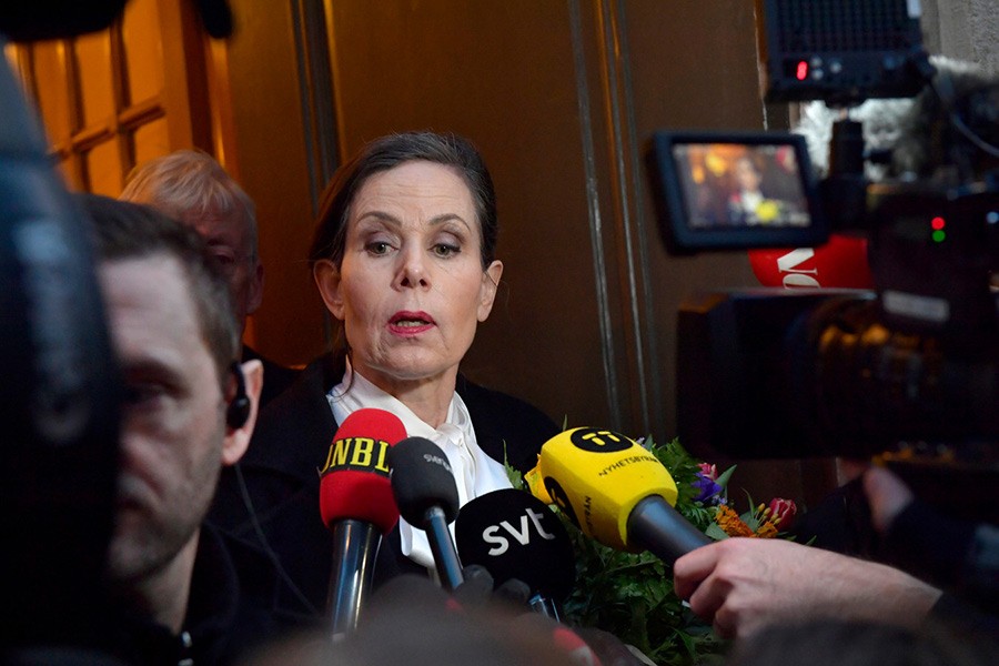 The Swedish Academy's Permanent Secretary Sara Danius talks to the media as she leaves after a meeting at the Swedish Academy in Stockholm, Sweden on Thursday - Reuters photo