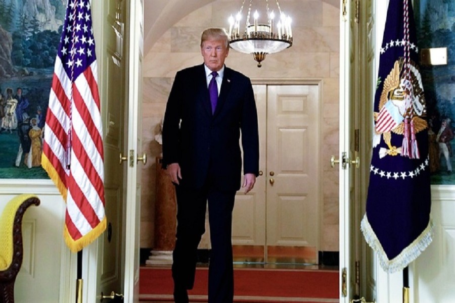 US President Donald Trump arrives to announce military strikes on Syria during a statement at the White House in Washington, US, Apr 13, 2018. Reuters