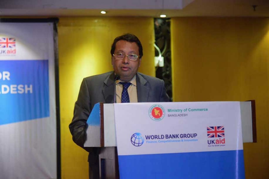Commerce Secretary Shubhashish Bose speaking at a discussion titled ‘Women in Business: Dhaka Roundtable on Strengthening Market Access and Integration into Corporate Value Chains’ at a city hotel recently   