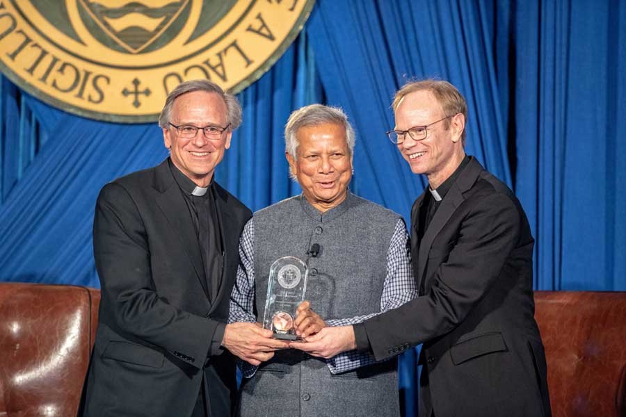 Nobel Laureate Professor Dr Muhammad Yunus receiving the Notre Dame Award for International Development and Solidarity recently