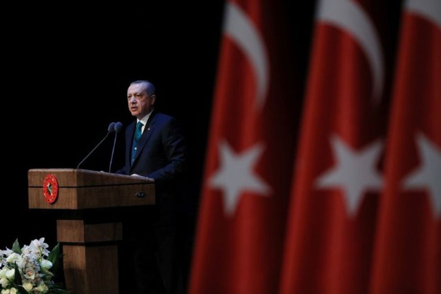 Turkish President Tayyip Erdogan makes a speech during a meeting in Ankara, Turkey recently           Photo: Reuters