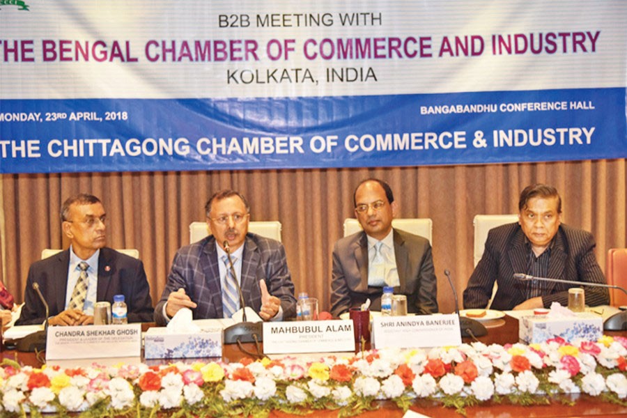 CCCI president Mahbubul Alam addressing the meeting with the visiting delegation of Bengal Chamber of Commerce and Industry (BCCI) from Kolkata, India, on Monday at the CCCI at World Trade Center in Chattogram