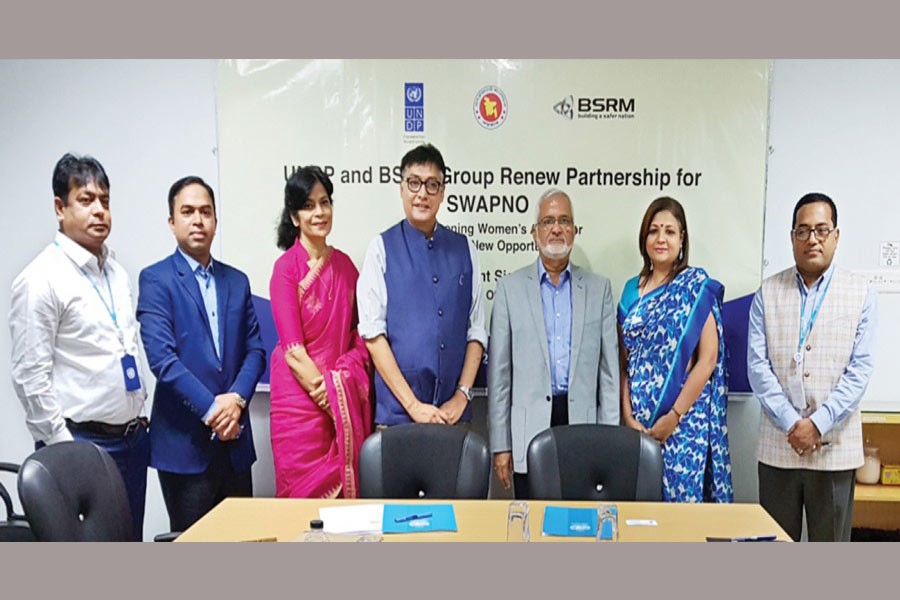 BSRM Group Chairman Alihussain Akberali, Country Director of UNDP Bangladesh Sudipto Mukerjee and others posing for photo at the partnership agreement signing ceremony at the BSRM Corporate Office in Chattogram recently