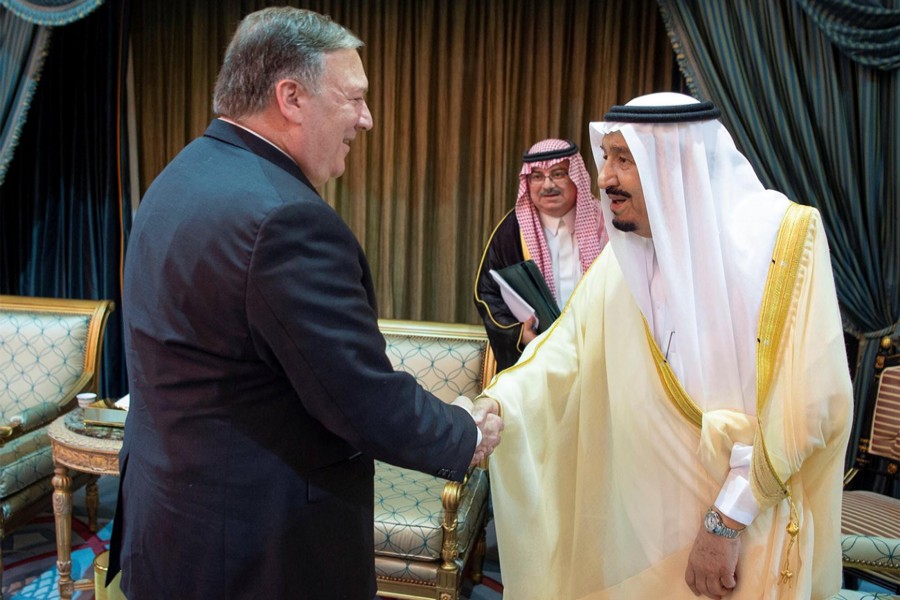 RIYADH: Saudi Arabia's King Salman bin Abdulaziz (right) shaking hands with US Secretary of State Mike Pompeo here on Sunday	— AFP