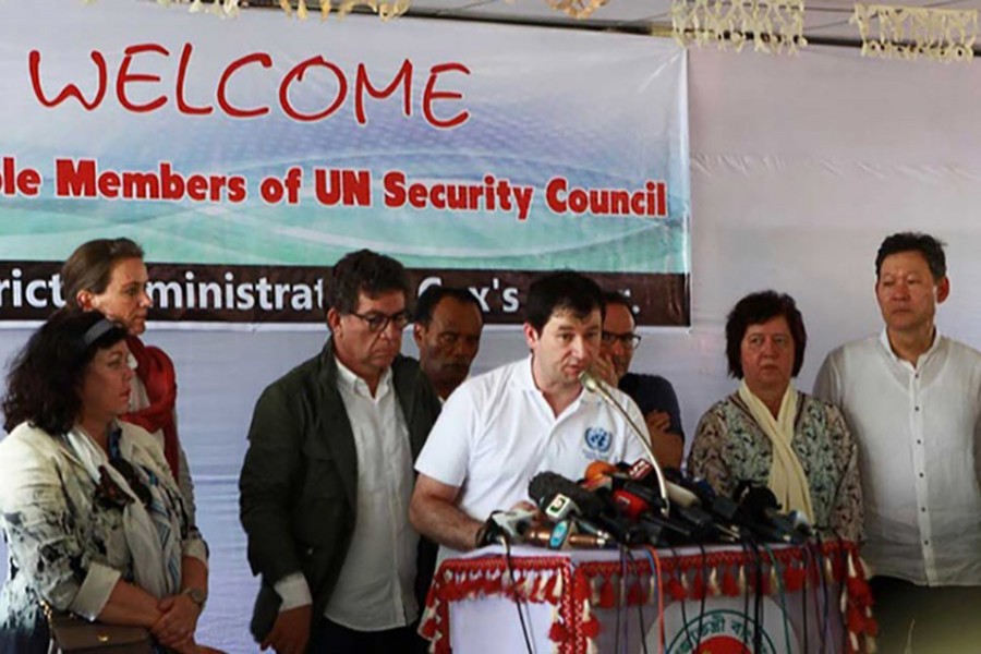 A Russian member of UN Security Council team answers the questions of journalists in a press briefing at the Kutupalong Refugee Camp in Cox's Bazar on Sunday - Reuters photo used for representation