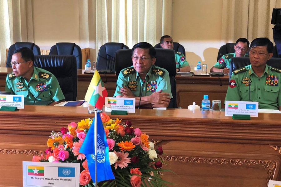 Senior General Min Aung Hlaing, Commander-in-Chief of Tatmadaw (Myanmar Armed Forces), addresses members of the United Nations Security Council at Bayint Naung villa in Naypyidaw, Myanmar on Monday - Reuters